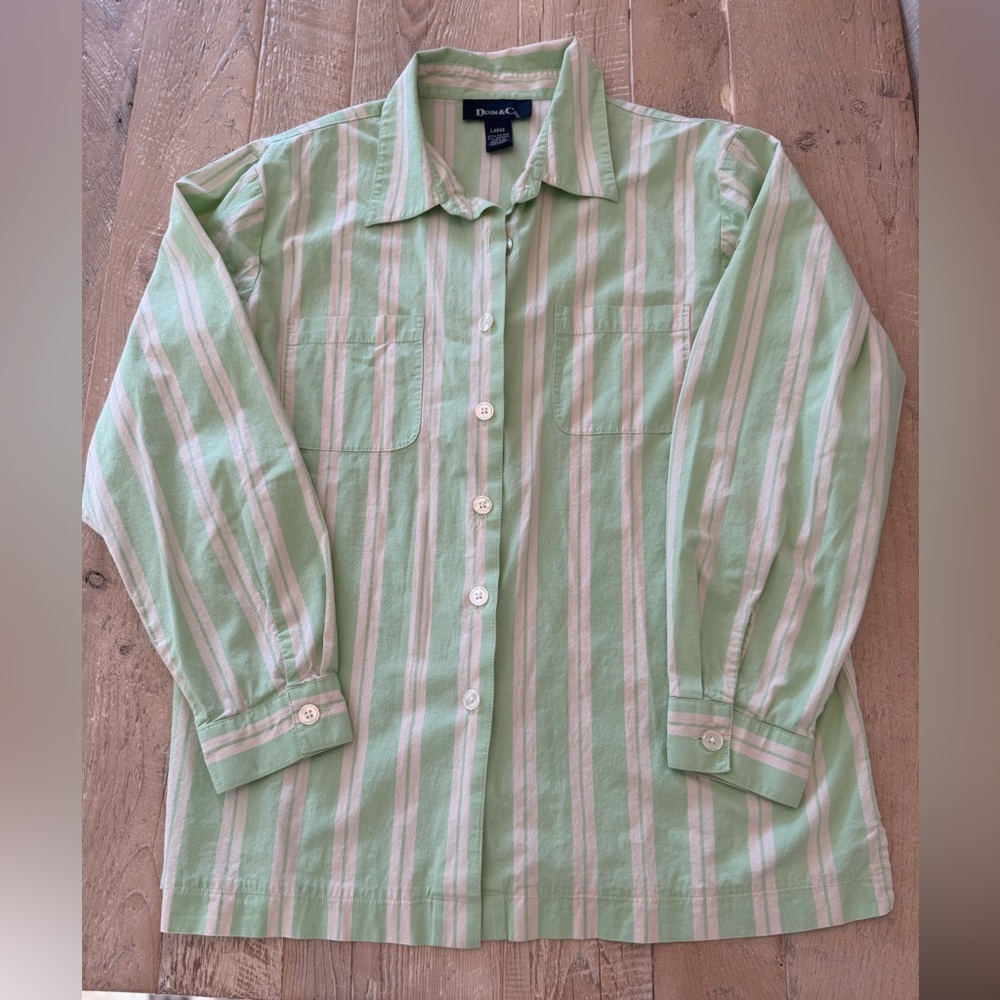 Denim&Co Mint Green and White Striped Button-Down Shirt L